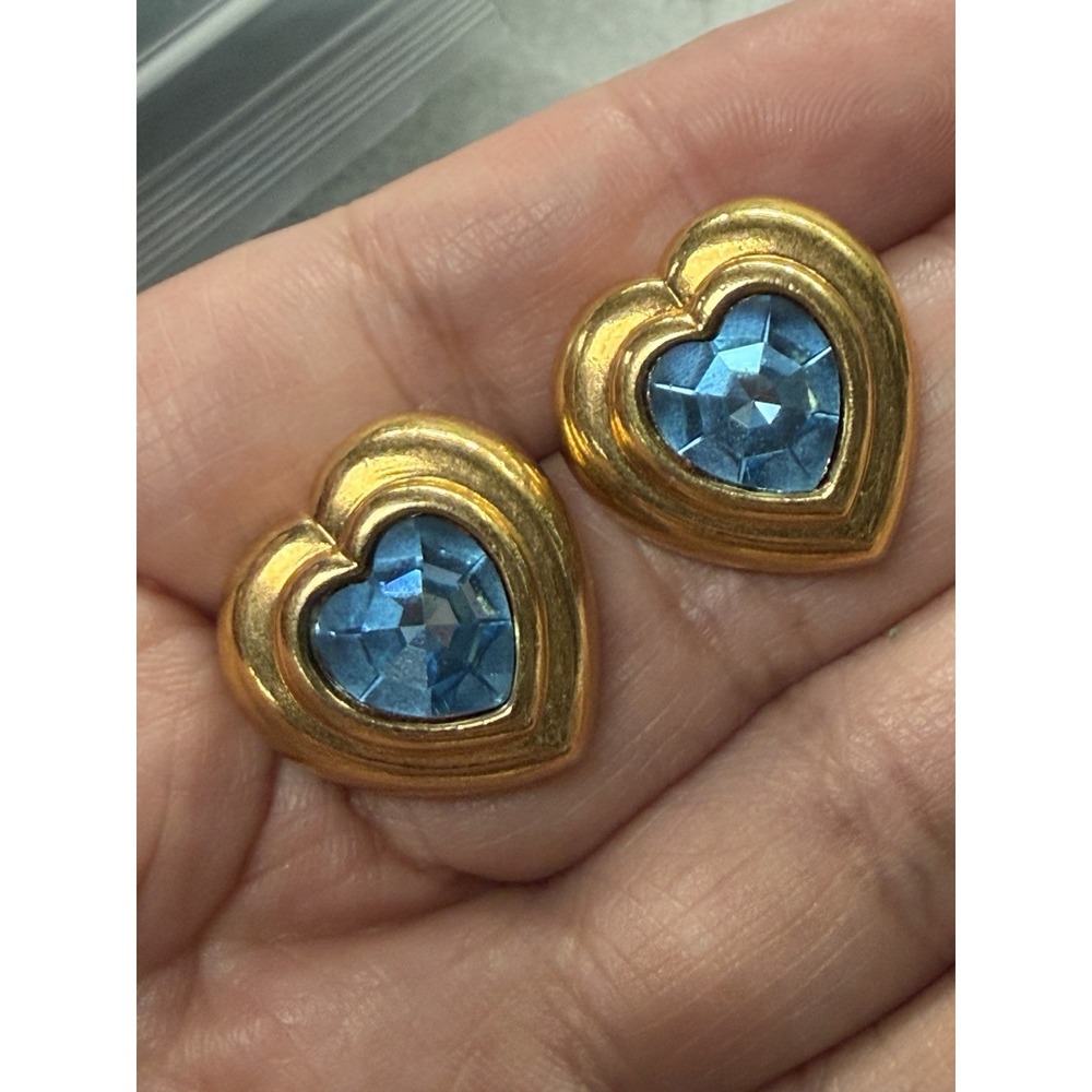 Vintage Avon 1987 Bold Sparkle Chunky Heart Blue Stone Earrings PierceD